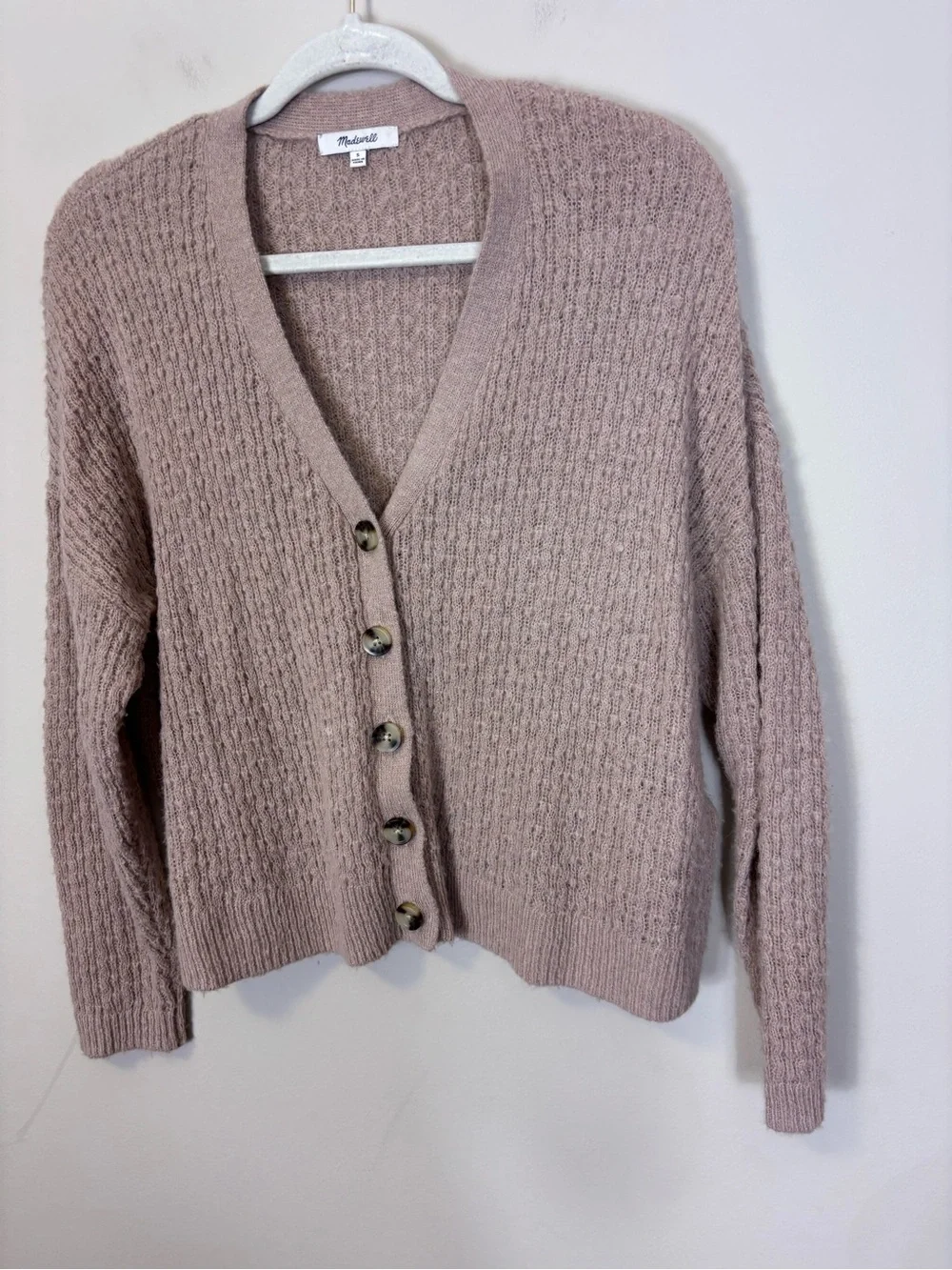Madewell Textured V-Neck Button Front Cardigan Sweater Light Brown/Blush Small